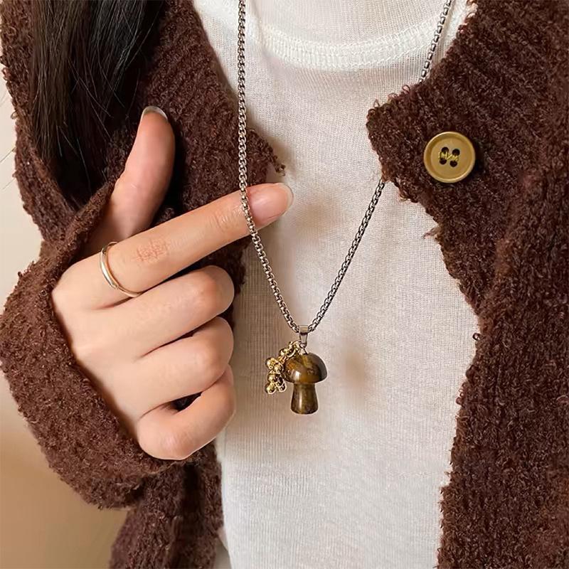 

Винтажные ожерелья с подвеской в виде гриба из натурального камня для женщин, модные ожерелья из кожаной веревки и цепочки для свитера