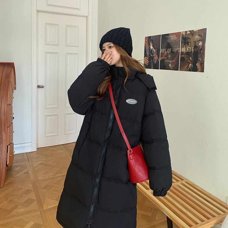 Black long knee-length padded jacket for women's winter new thickened padded jacket loose stand-up collar padded jacket