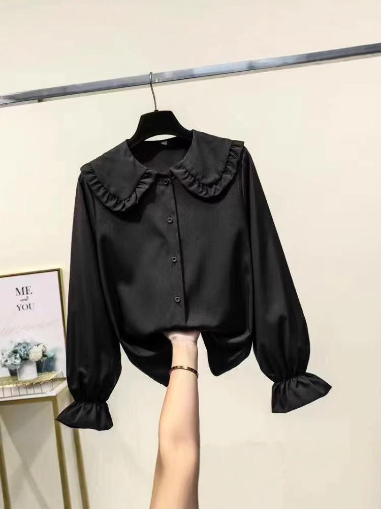 Women's Wine Red Korean-Style Doll Collar Long Sleeve Shirt - Fairy-Inspired and Stylish Spring Top 2024.