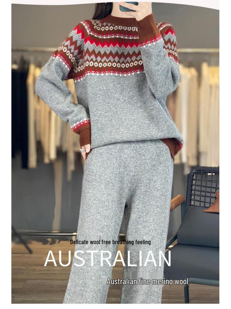 Wool Argyle Ethnic Style Retro Color Block Sweater & Long Pants Set for Women - Autumn/Winter Fashion