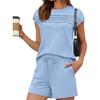 Women's Round Neck Short Sleeve Loose Fit Pleated Solid Color 2 Piece Loungewear Set Drawstring Waist Casual Shorts Daily Sleepwear Outfit