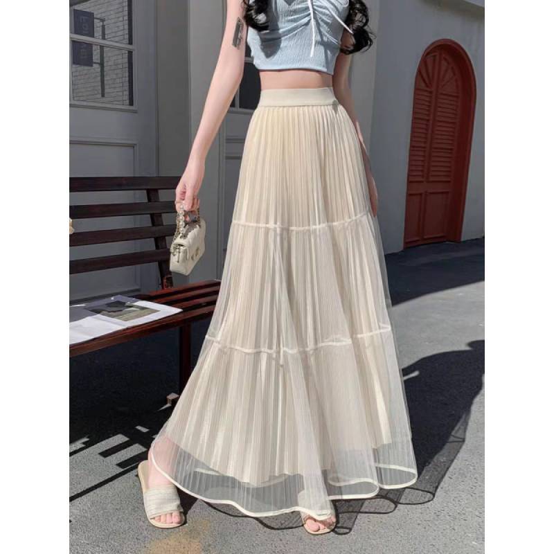 Gonna Lunga in Rete di Misto Cotone con Pieghe per l'Estate Casual da Donna