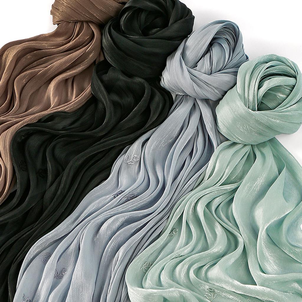 Fashion Embroidery Silk Crinkle Hijab Scarf Women Shimmer Shawls Plain Muslim Women Hijabs Islam Turban Pleated Scarf Ramadan