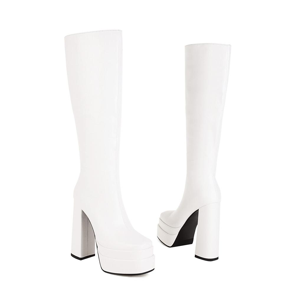 Krazing Pot PU Autumn Winter Shoes Super High Heels Stone Patterns European Design Platform Keep Warm Thigh High Boots