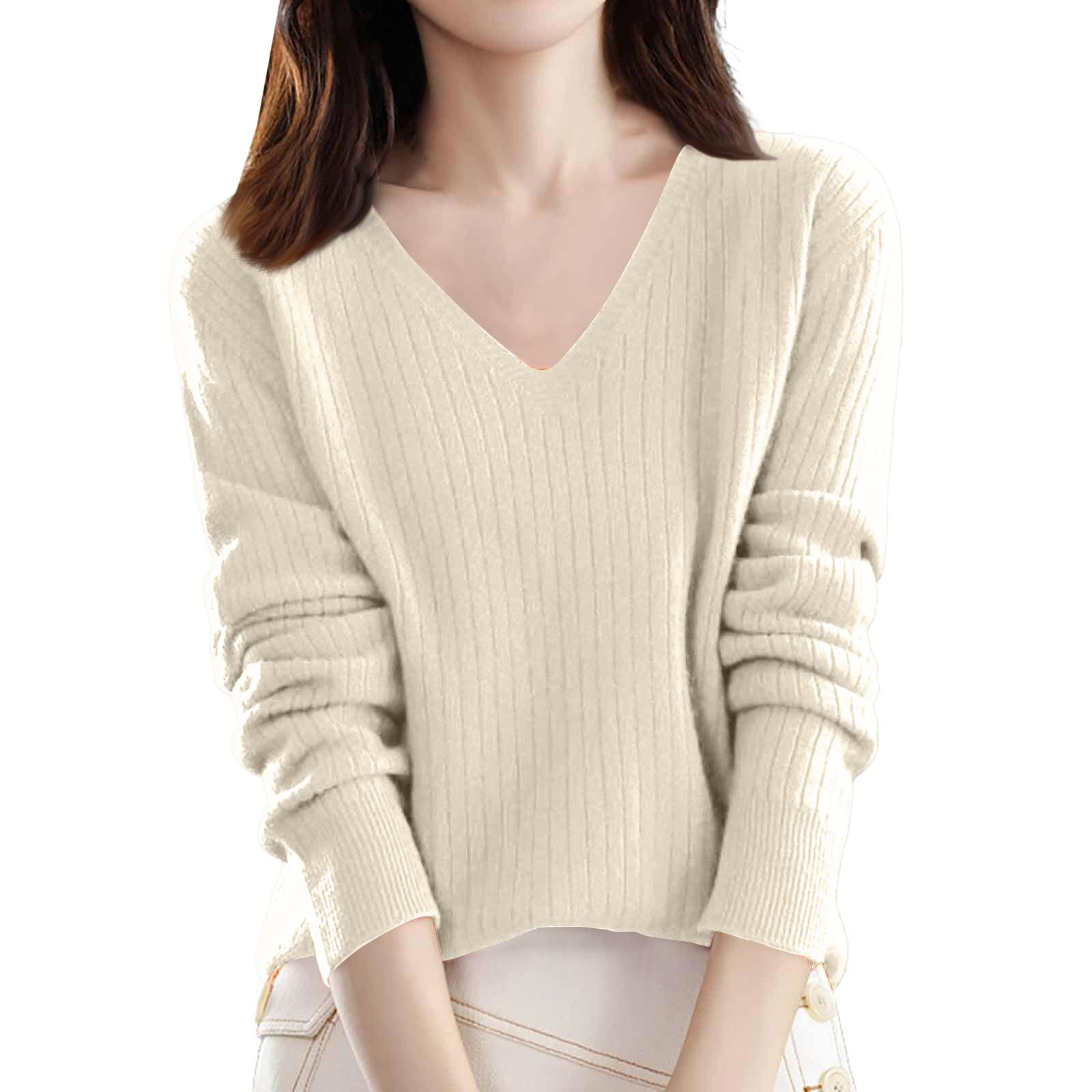 Women s Loose-Fit Knitted Base Layer Sweater V-Neck Pullover Long Sleeves Colour L