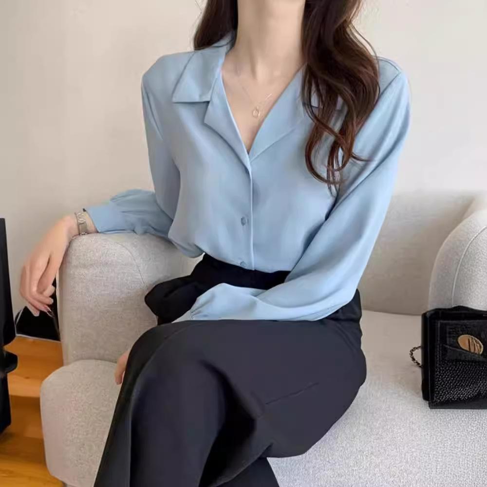 Spring Simple Women's Chiffon Shirt Solid Color Temperament Label Collar Long Sleeved Top