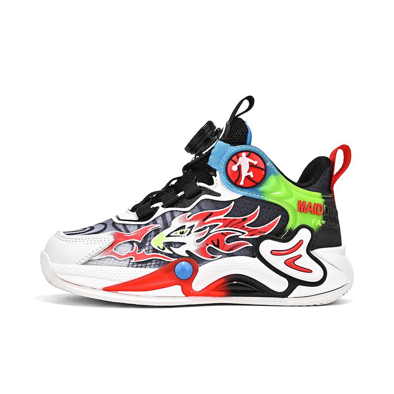 Children's Breathable Middle and Older Children's Shock Absorption Basketball Shoes Rotary Buckle Boys' Shoes Sneakers Mesh Spring New