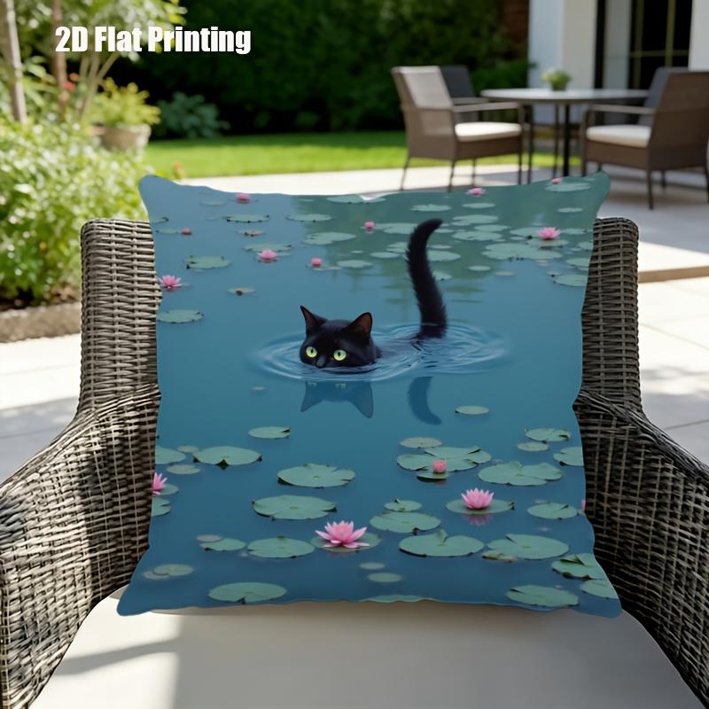 Black Cat In Water Lilies Pillowcase, Impressionist Art Cushion Cover, Nature Scene Decor, Unique Home Accent for Living Room
