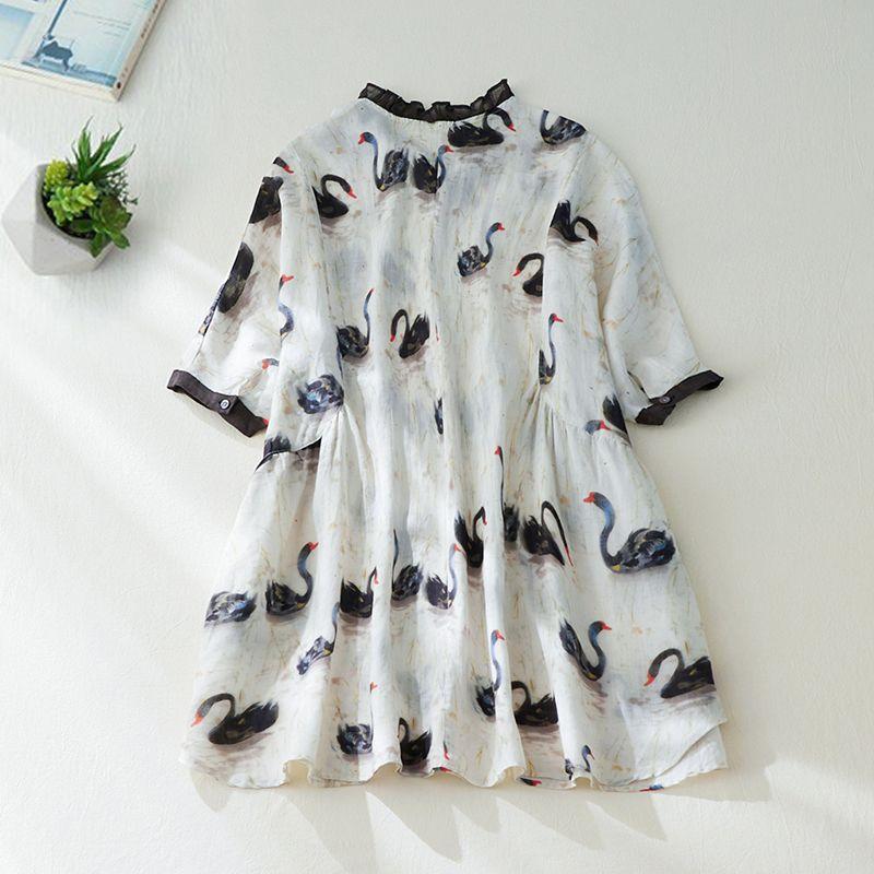 Japanese Retro Printed Cotton Linen Shirt Temperament Wood Ear Lace Pullover for Women