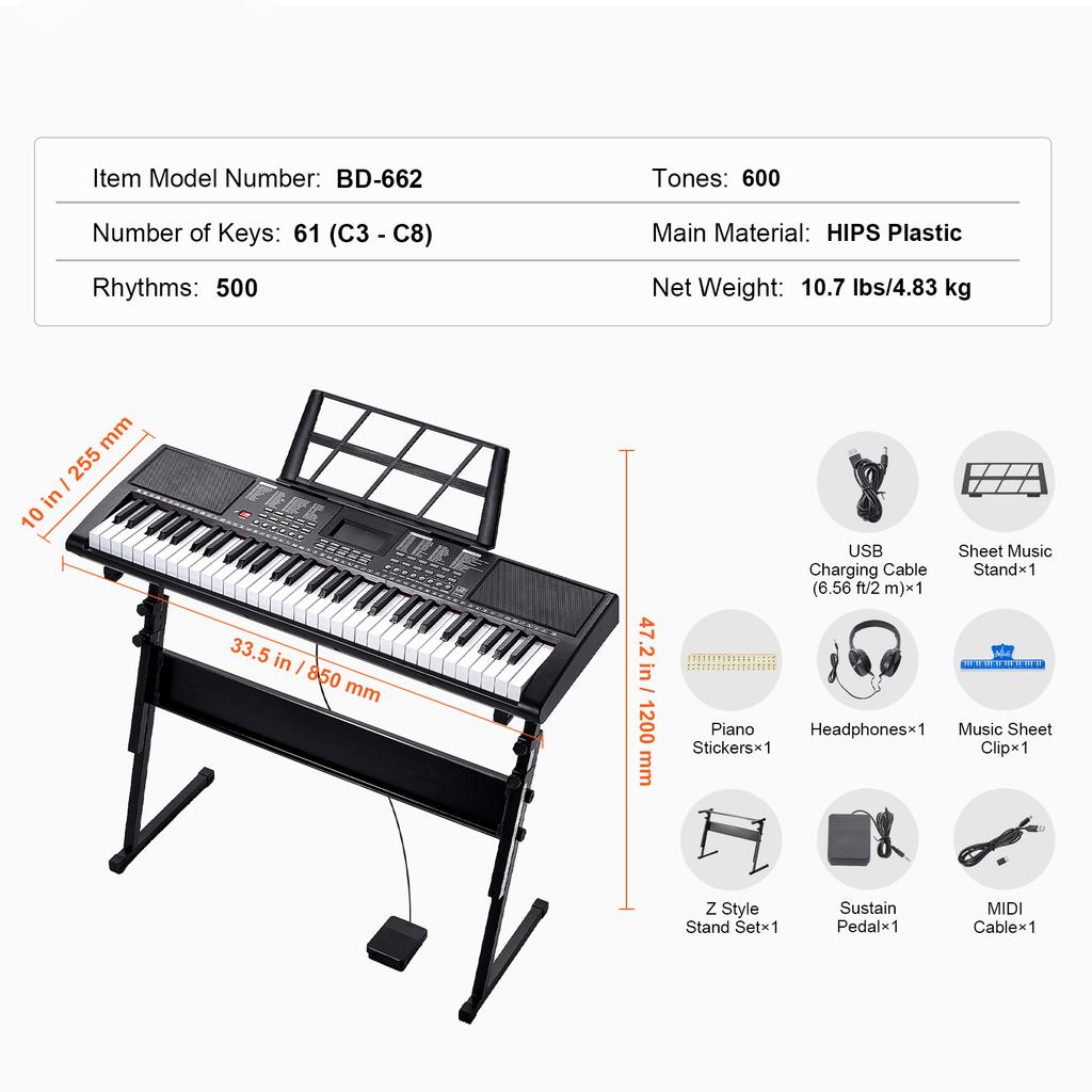 SucceBuy 61 Key Digital Keyboard Piano Electric Portable Piano 200 Tones 200 Rhythms or 600 Tones 500 Rhythms for Beginner Use