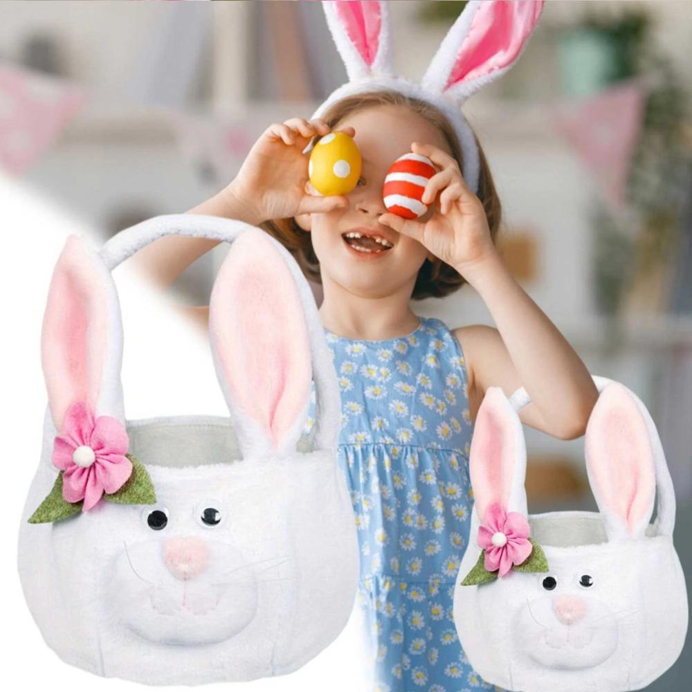 Egg Easter Hunting Basket Plush Easter Bunny Basket With Ear Cartoon Animal Tote Bags For Home Decorations Candy Gifts Girls
