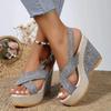 Sexy Peep Toe Platform Wedge Sandals Denim Broadband Ankle Buckle Strap High Heels Shoes Sandales Sandalias