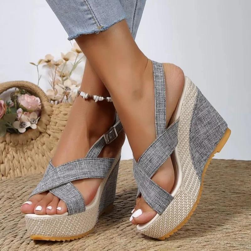 Sexy Peep Toe Platform Wedge Sandals Denim Broadband Ankle Buckle Strap High Heels Shoes Sandales Sandalias