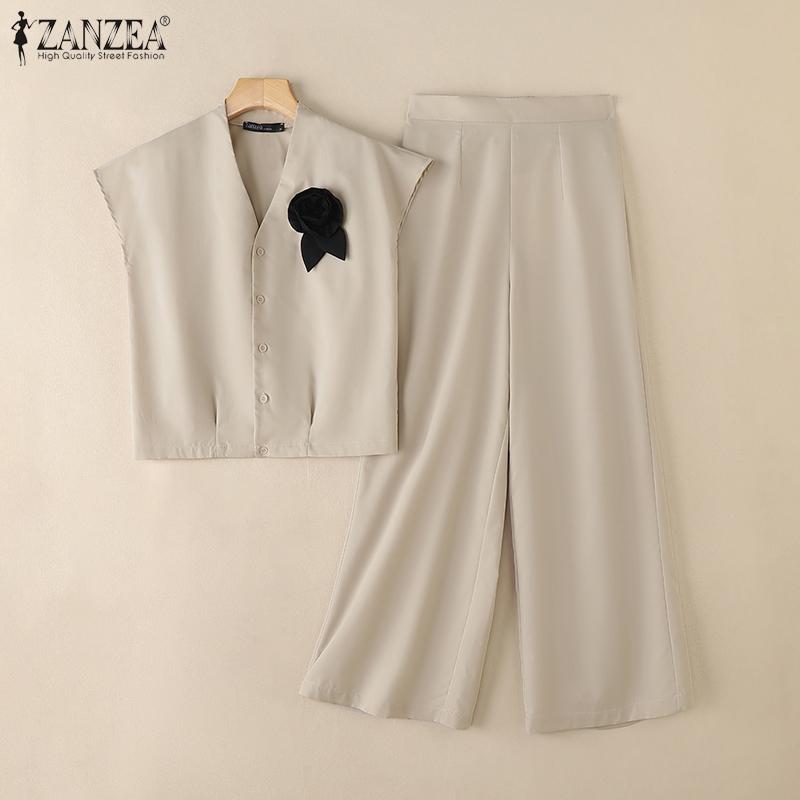 ZANZEA Women Sleeveless Blouse and Long Pants Casual Two Piece Suit Sets