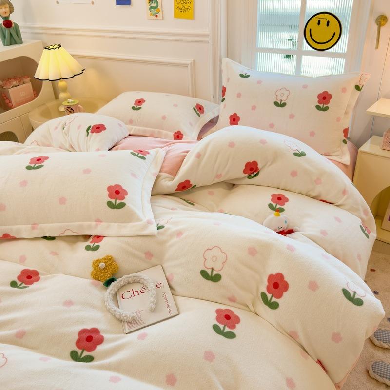 Thickened Milk Fleece Four-Piece Set, Coral Flange Double-Sided Fleece Quilt Cover, Bed Sheet, Bed Hat Three-Piece Set