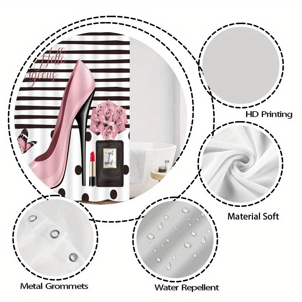 Hello Gorgeous Pink High Heel Shower Curtain Polka-Dots Perfume Bottle Design With 12 Hooks Ideal Bathroom Decor