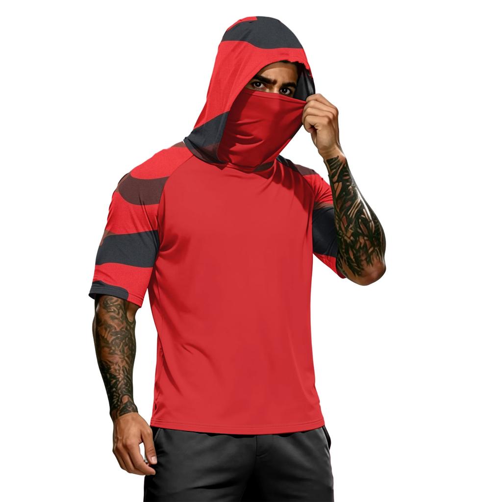 Men's Summer Camouflage Gradient Drying Short-sleeved T-shirt, Sun Clothing, Fishing, Fitness, Sports, Hooded Short-sleeved Shirt
