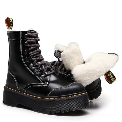 Plataforma de lã verdadeira 8 costuras bota locomotiva 1460 zíper lateral, bota curta britânica feminina muffin tooling bota Martin