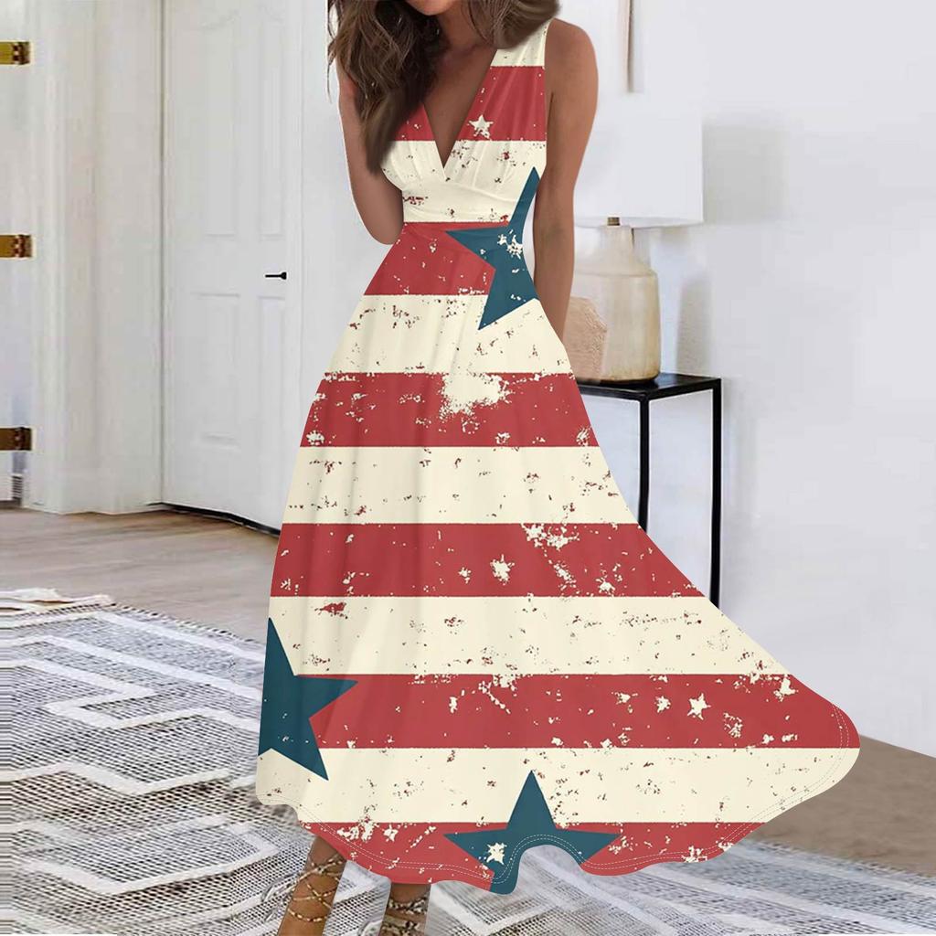 Women's Fashion Casual Loose V Neck Sleeveless Independence Day Printed Long Dresses