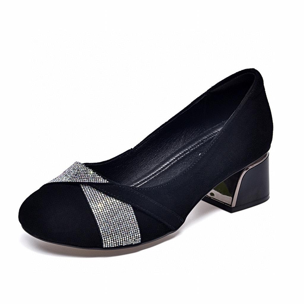 Round Head Single Shoes Women's Spring New Rhinestone Sheepskin Shallow Mouth Two High Temperament Women's Shoes