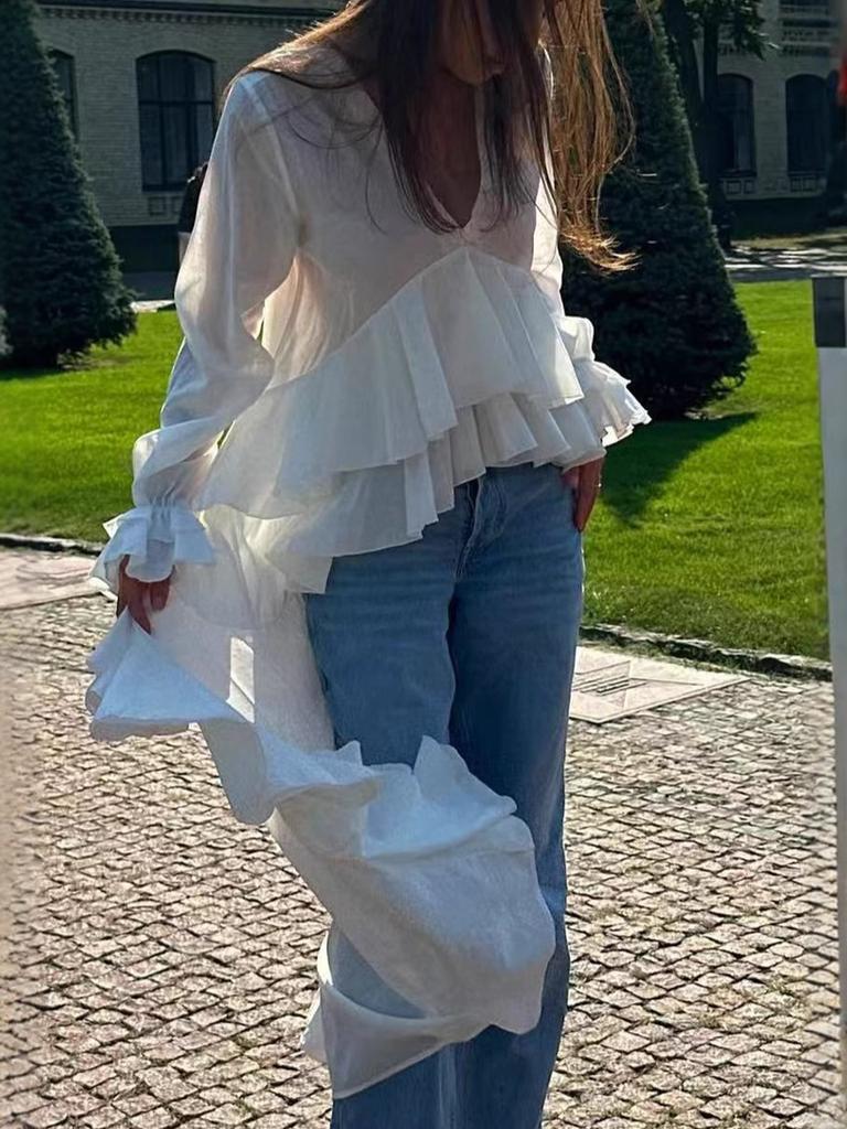 Women's Spring Summer New Sweet Fresh V-Neck Long Sleeve Irregular Hem Shirt Lady Top