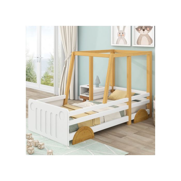 Lit de voiture, lit d'enfant avec roues en MDF, cadre en pin, blanc + naturel (90x200cm)
