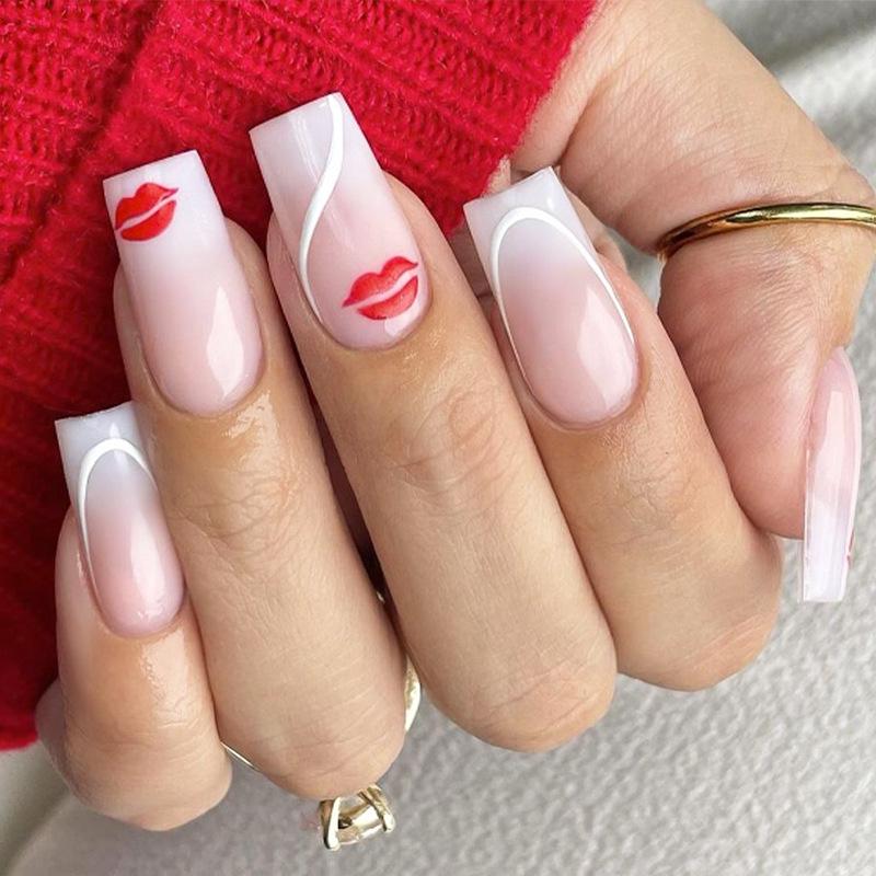 

Handmade Gradient French Stripe Press-On Nails - Pink & White with Lip Print Pattern.