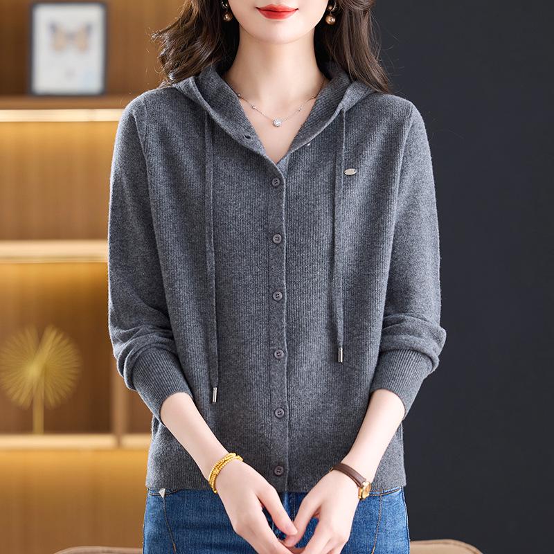 Women's Hooded Pure Wool Knit Cardigan - New Autumn/Winter Casual Outer Layer & Warm Short Sweater Coat