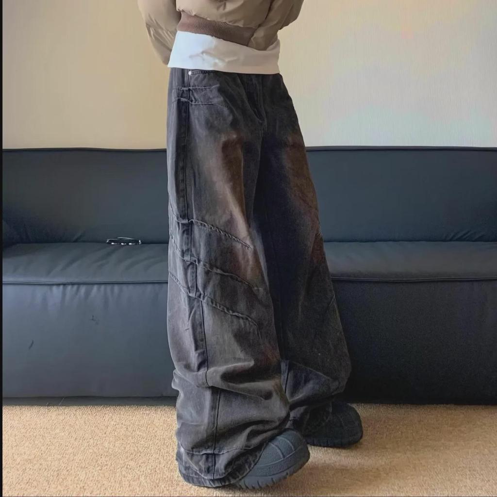 Unisex American Retro Distressed Heavyweight Pleated Wide-Leg Wasteland Jeans