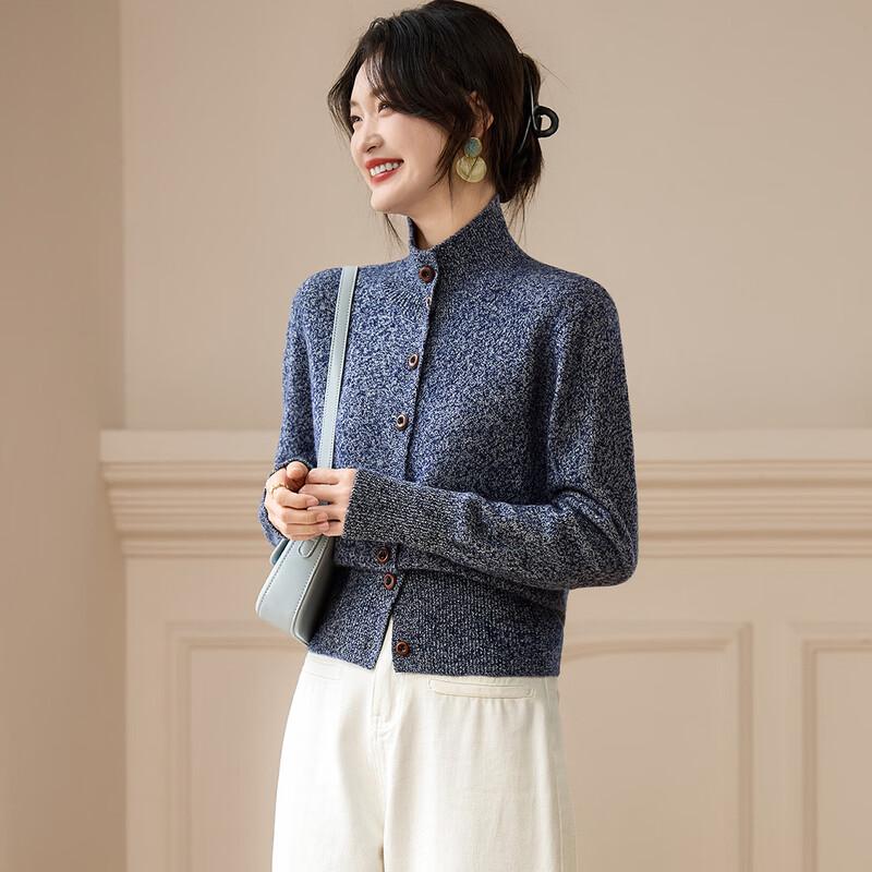 Srcr Women's 100% Wool Semi-High Collar Cardigan Sweater