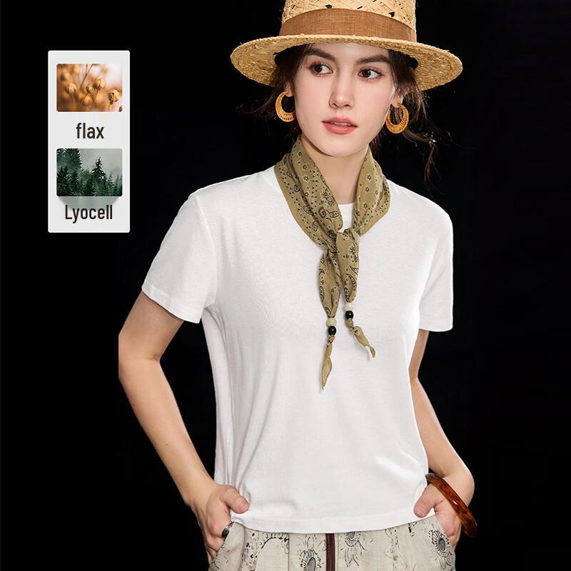 Wudao Tencel Linen Blend French Elegant T-Shirt with Scarf L
