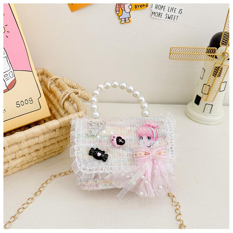 

Cartoon Bow Flower Girl Decoration Children Shoulder Bag With Lace Design White Girl