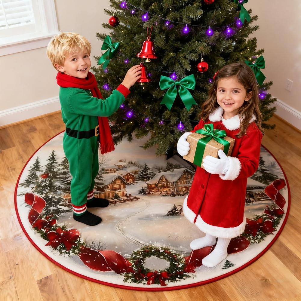 Festive Winter Village Round Rug Snowy Scene Red Ribbon Garland for Christmas Decor