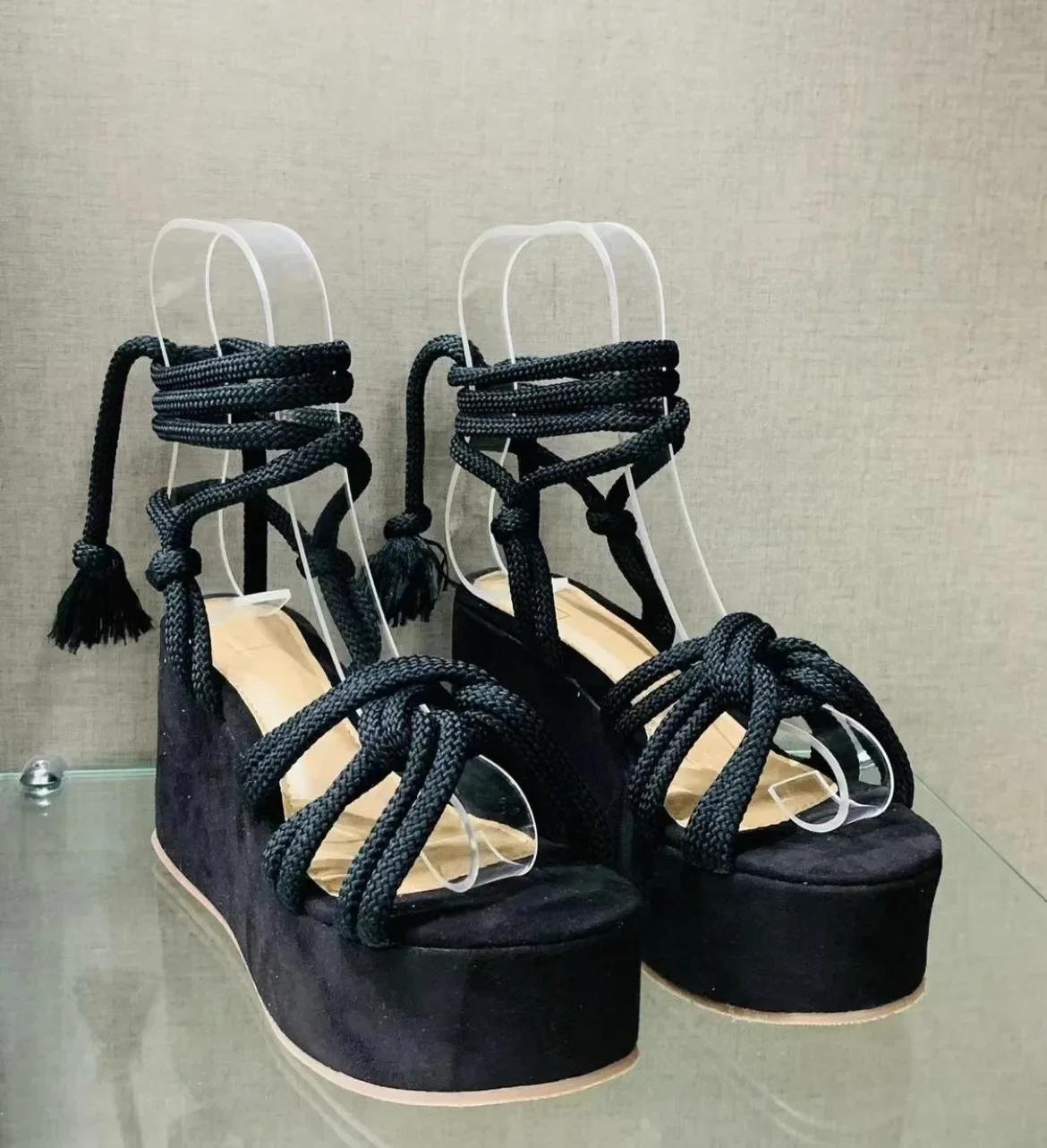 

Fashion Platform Wedge Strappy Sandals Women Fashion Round Toe Cross Tied Height Increase Open Toe Women Sandals 2024 36