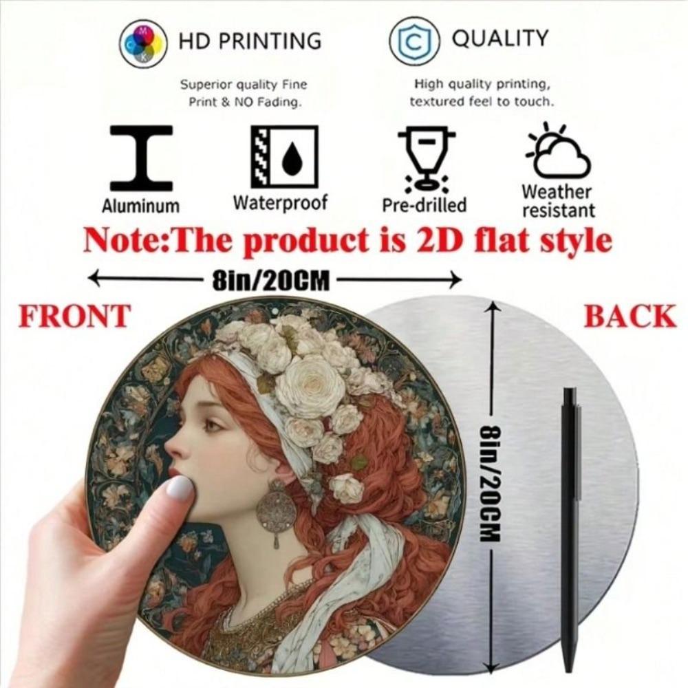 Retro Girl Flower Round Metal Poster 8x8 Inch Wall Art for Living Room