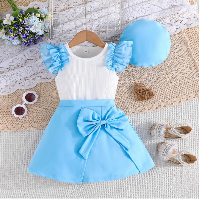 Neues Mädchen-Top mit Fledermausärmeln und Schleife + Kurzer Rock Set + Hut Süßes Mode-Set