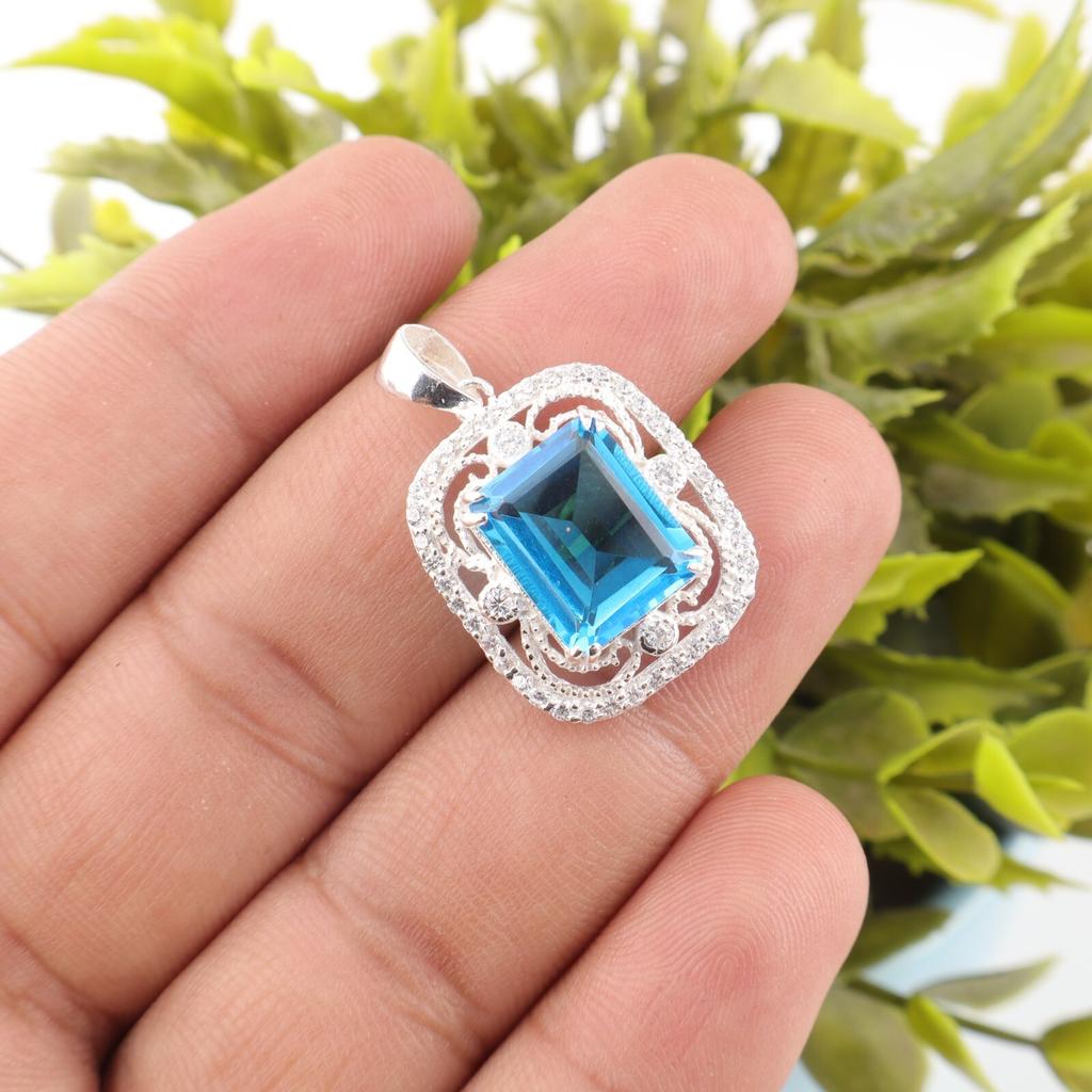 Swiss Blue Topaz Gemstone 925 Sterling Silver Jewelry Zircon Pendant For Women CZP-11-3