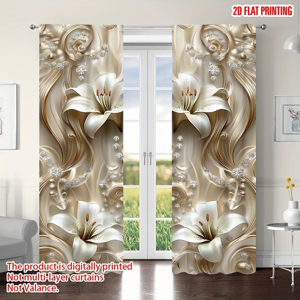2 Stück Elegante 2D-Lilien- & Edelsteindruck-Vorhänge – Festliche & Alltägliche Stangentaschen-Fensterdekoration für Wohnzimmer, Büro, Schlafzimmer, Küche