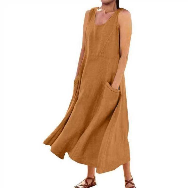 Summer Sleeveless Pocket Dress Cotton Linen Blend European American Style 19 Colors