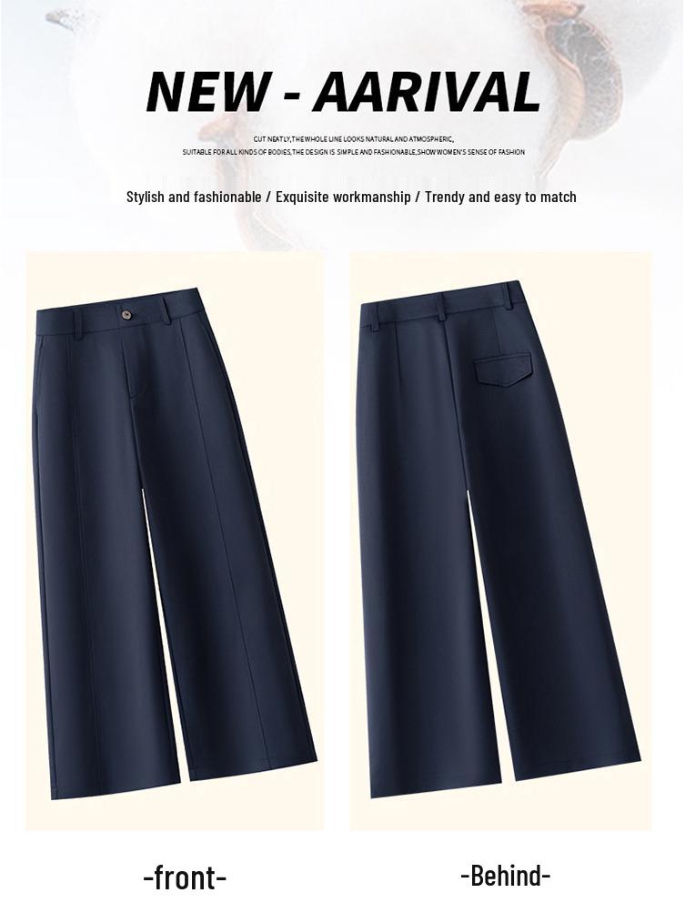 High-End Women's Navy Wide-Leg Cropped Suit Pants, High-Waisted, Casual Straight-Leg, New Spring/Autumn 2026 Style.