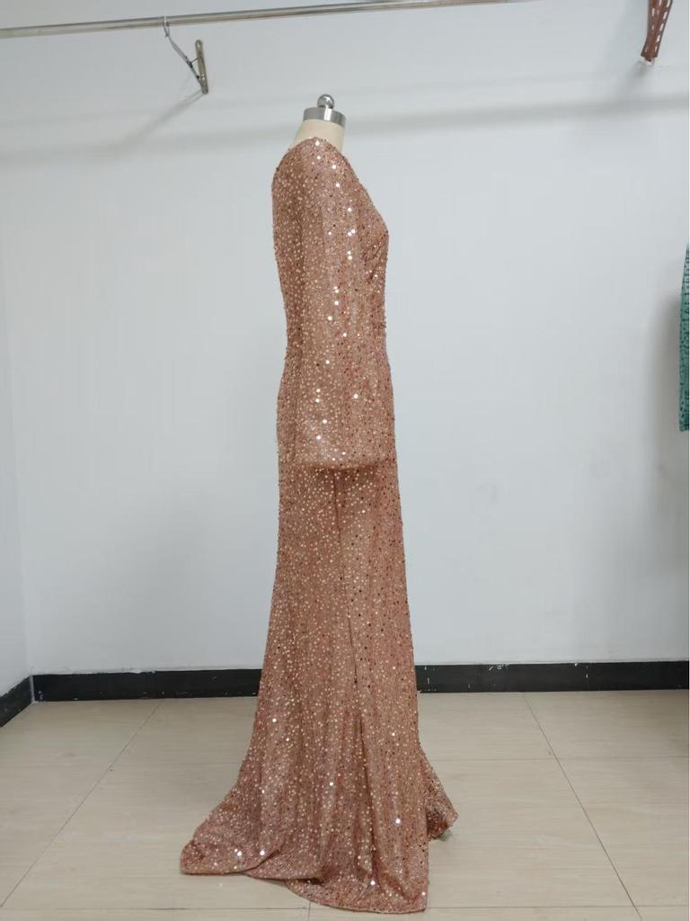 2025 V-neck Sequined Trumpet Sleeve Evening Dress