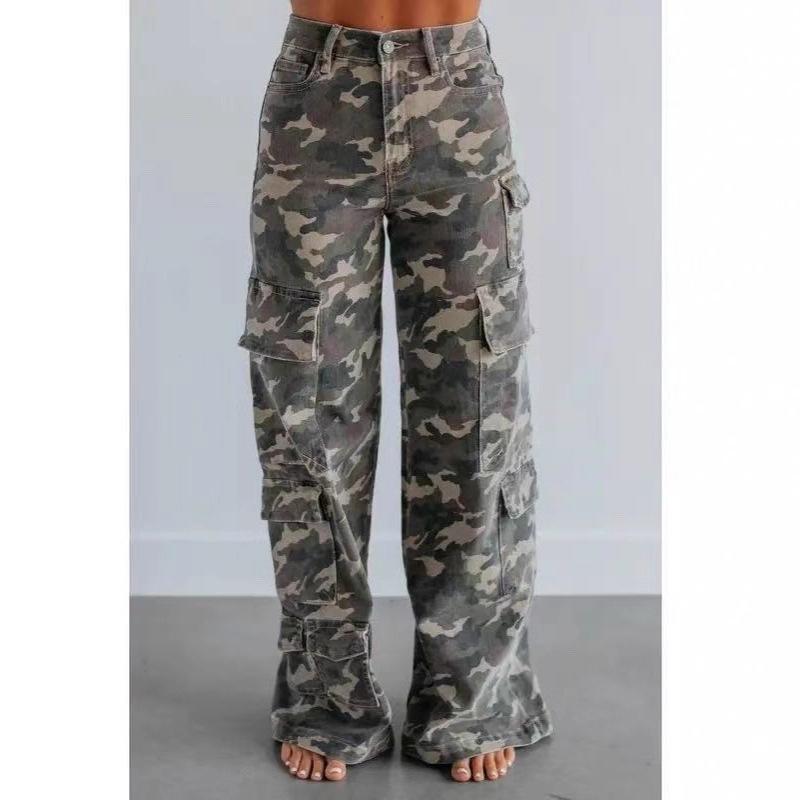 Women High Waist Camo Cargo Wide Leg Jeans Vintage Multi Pockets Non Stretch Denim Pants Streetwear Fall Long Trousers