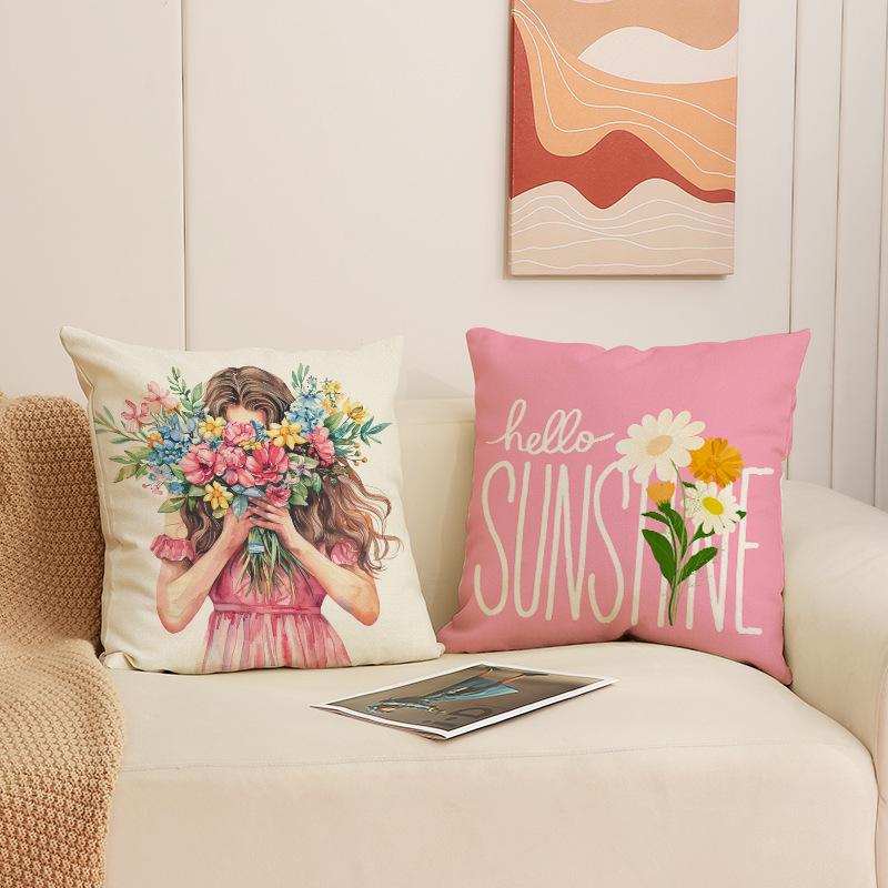 Pink Floral Set Sofa Pillow Cover Nordic Simple Versatile Linen Cushion New Car Cushion