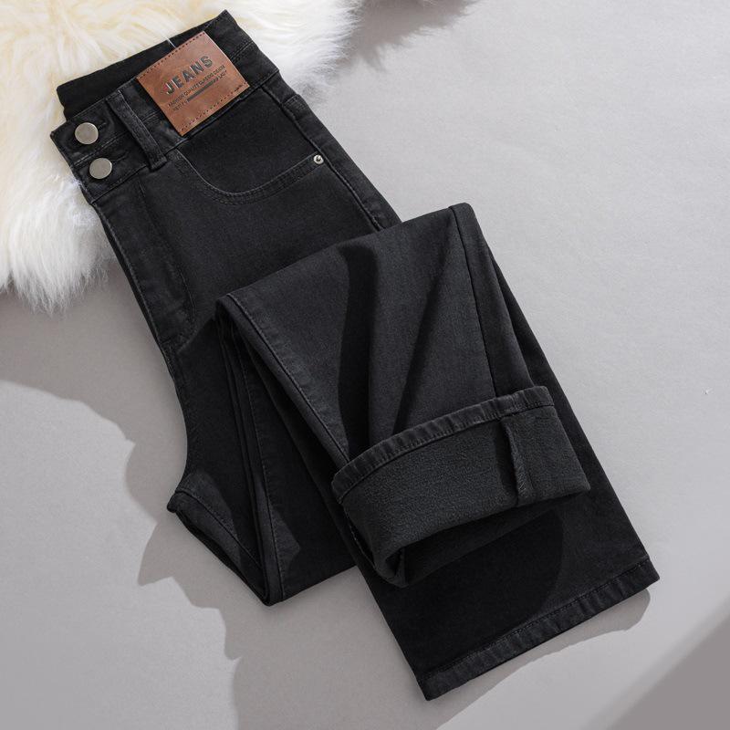 High-Quality Black Fleece-Lined Straight-Leg Jeans for Women - 2025 Autumn/Winter Edition, Plus Loose Slimming Design, Cigarette Style, Size 30