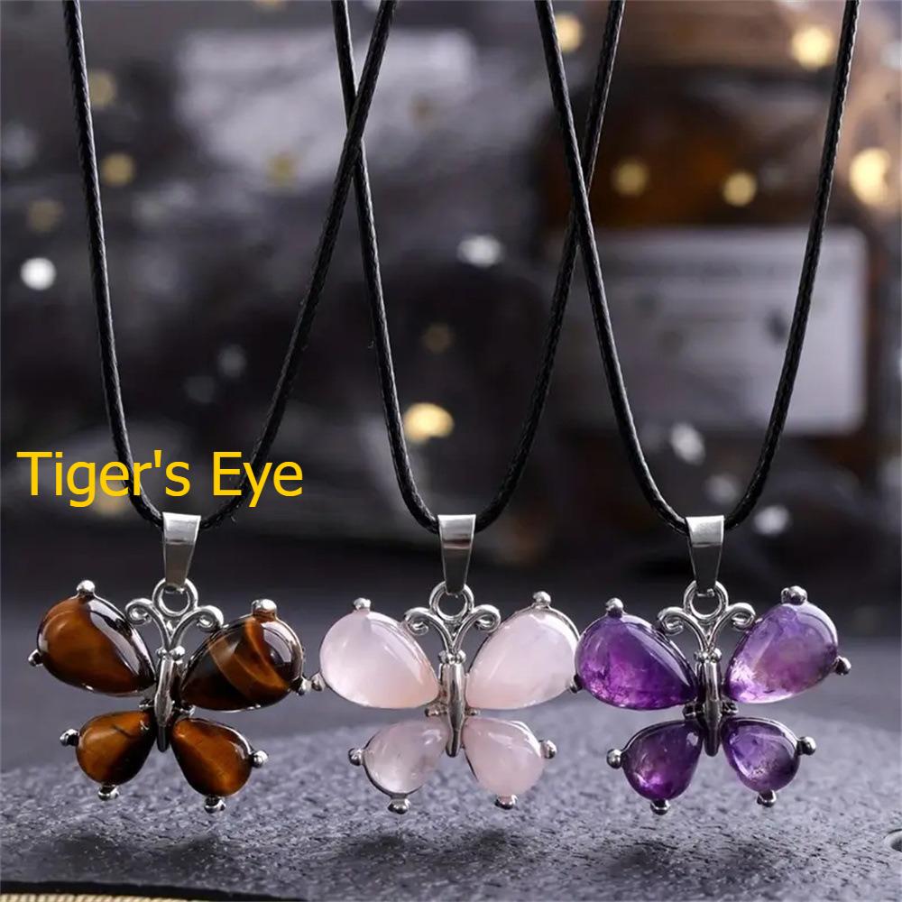 Schmetterlingsanhänger, Amethyst, Tigerauge-Stein, Europäische und Amerikanische Retro-Halskette, Personalisierte Kleidung Accessoires