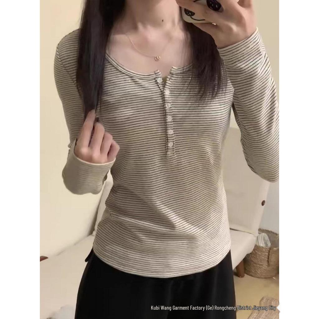 Women's Slim Fit Striped Button U-Neck Long Sleeve T-Shirt - American Retro Early Autumn 2025