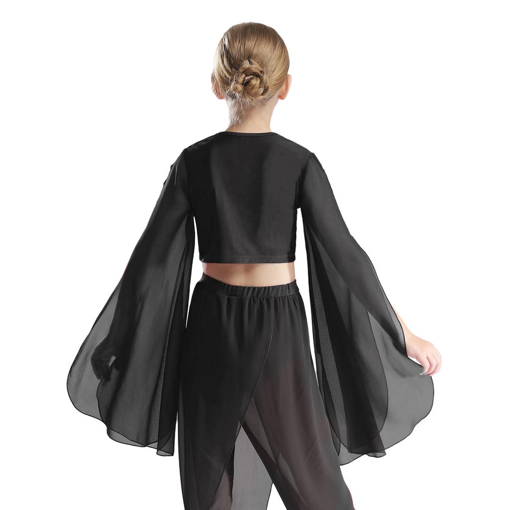 Girls Classical Dance Crop Top: V Neck Split Flared Sleeves Elegant Top for Practice Performance