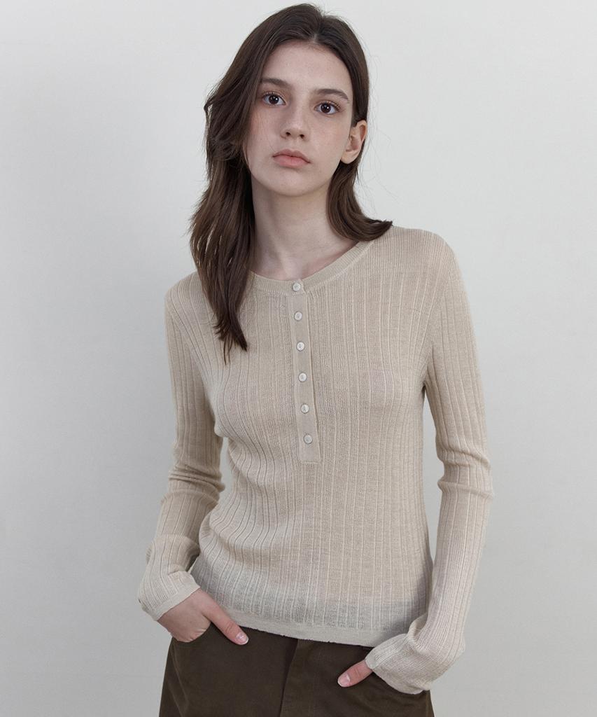 WEDNESDAYOASISFORWOMEN Vero Ribbed Henley Neck Knit_Light Beige(Wcb6Kn115)