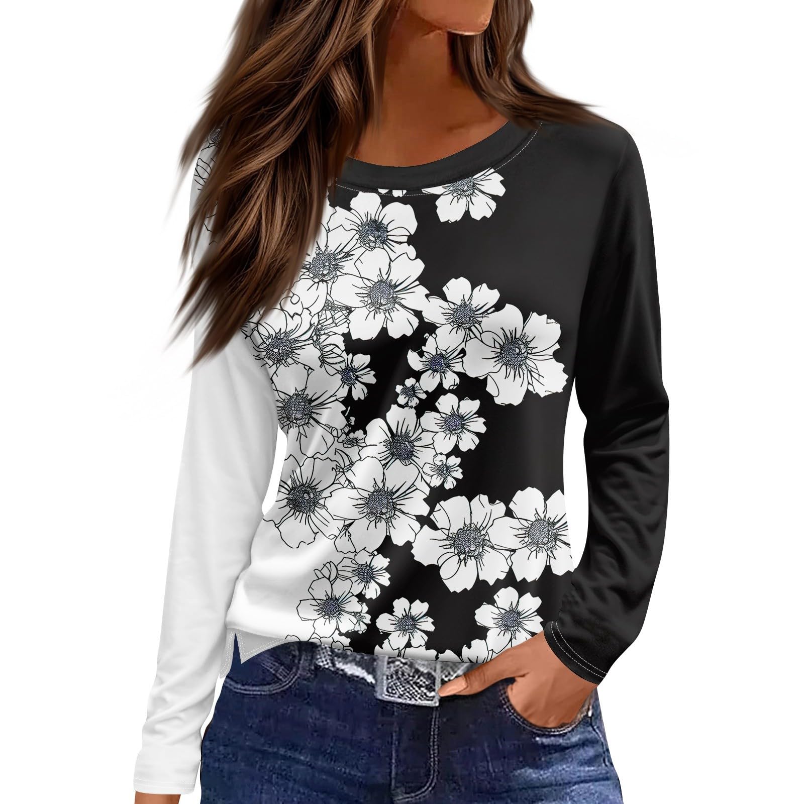 

Женская повседневная футболка с 3D-принтом, цветочным принтом, круглым вырезом, простая элегантная, с длинными рукавами, женская мода, пуловер с длинными рукавами 8XL
