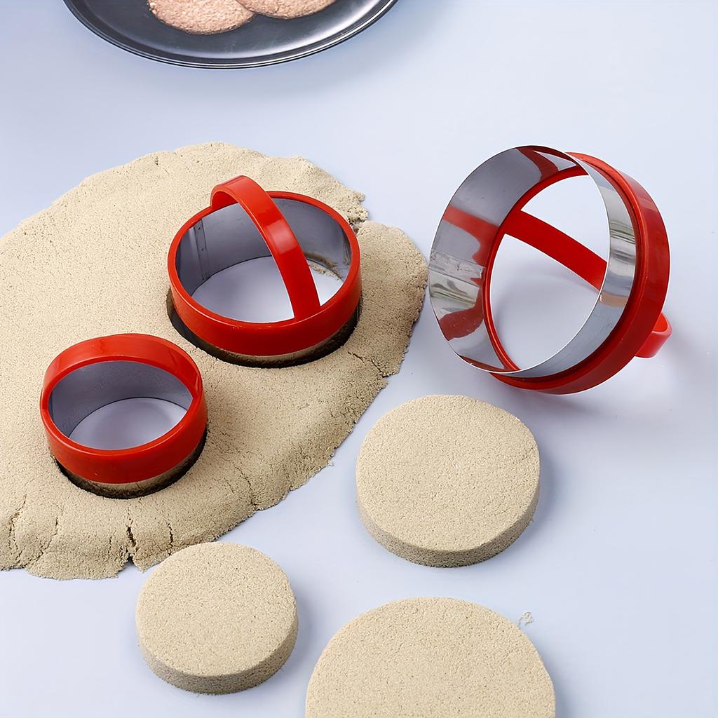 Red Round Cookie Cutter Set Of 3 With Handle Stainless Steel Molds Baking Dough Cake DIY Tools